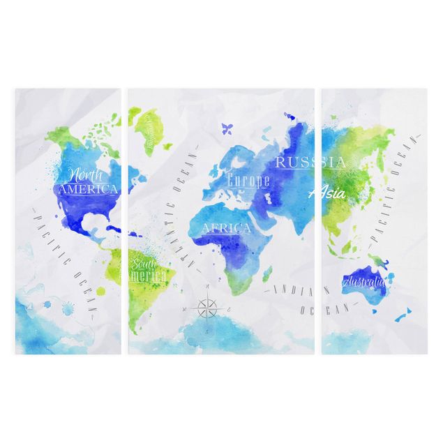 Leinwandbild 3-teilig - Weltkarte Aquarell blau grün - Tryptichon