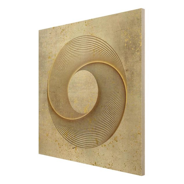 Holzbild - Line Art Kreisspirale Gold - Quadrat 1:1