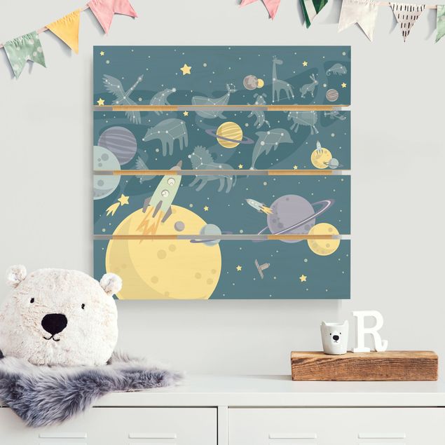 Wandbild Holz Planeten mit Sternzeichen und Raketen