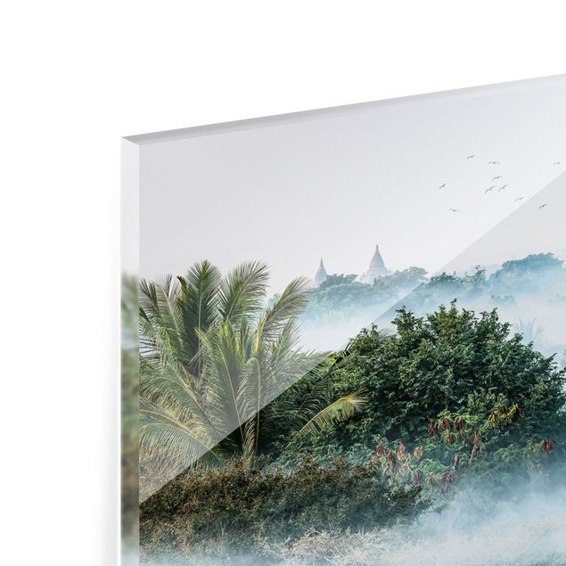Spritzschutz Glas - Morgennebel über dem Dschungel von Bagan - Panorama 5:2