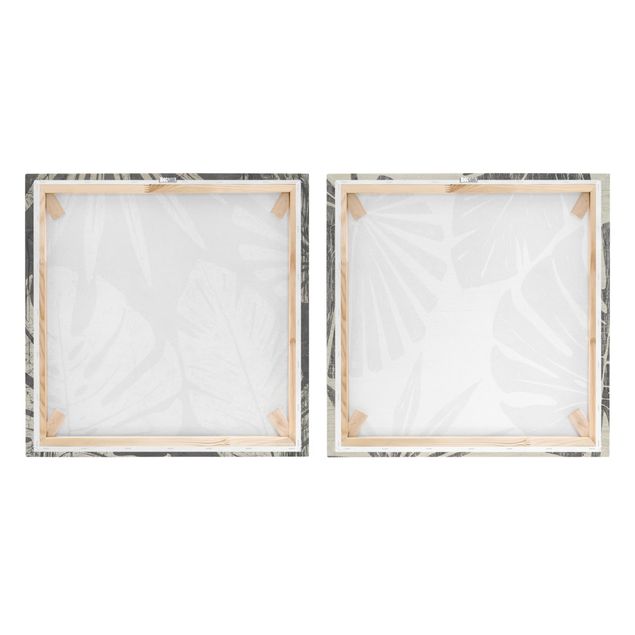 Leinwandbild 2-teilig - Palmenblätter vor Dunkelgrau Set I - Quadrate 1:1