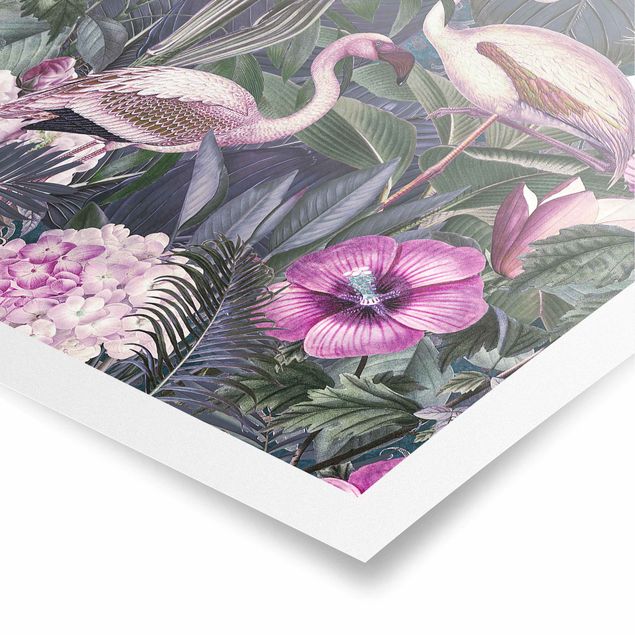 Poster kaufen Bunte Collage - Pinke Flamingos im Dschungel