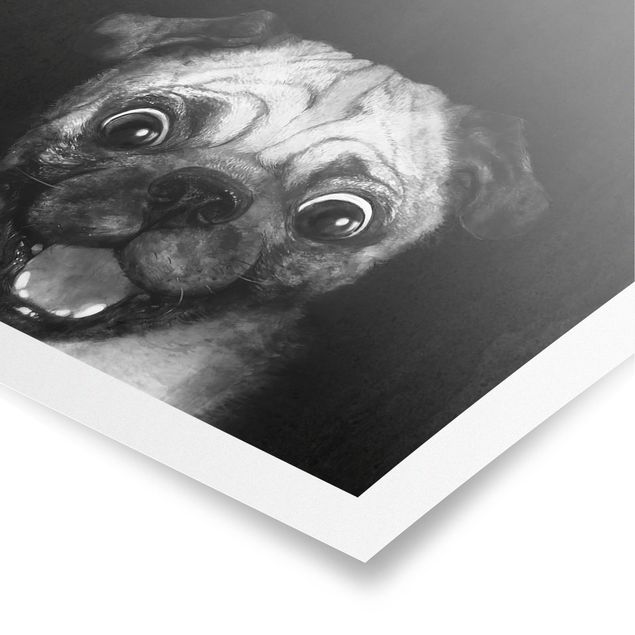 Poster - Illustration Hund Mops Malerei auf Schwarz Weiß - Hochformat 4:3