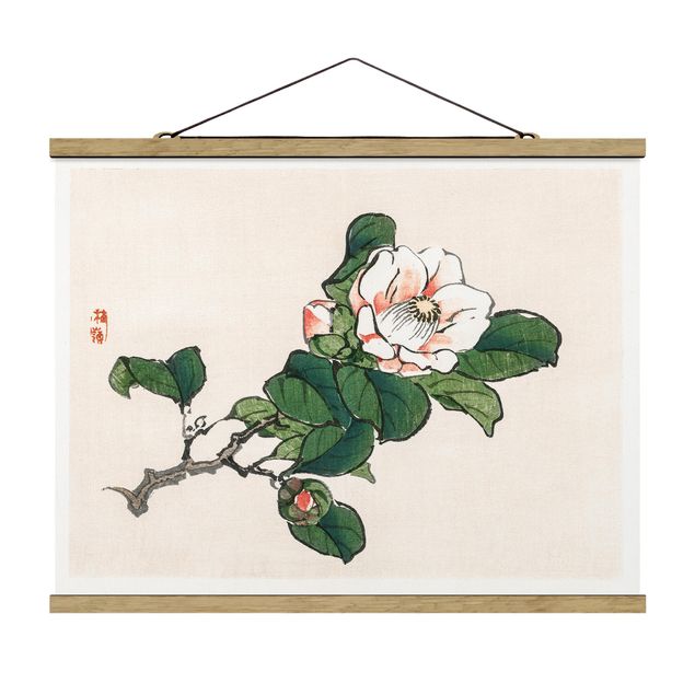 Stoffbild mit Posterleisten - Asiatische Vintage Zeichnung Apfelblüte - Querformat 4:3