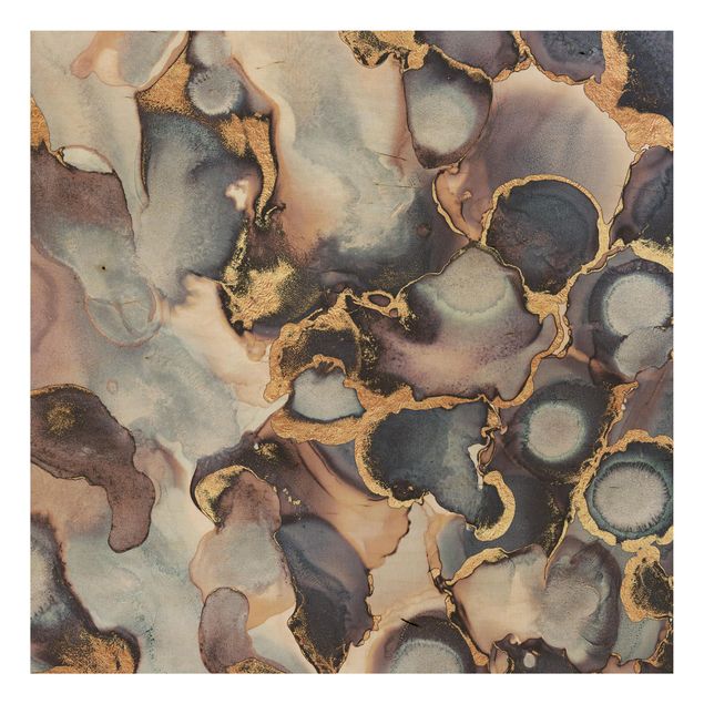 Holzbild - Marmor Aquarell mit Gold - Quadrat 1:1