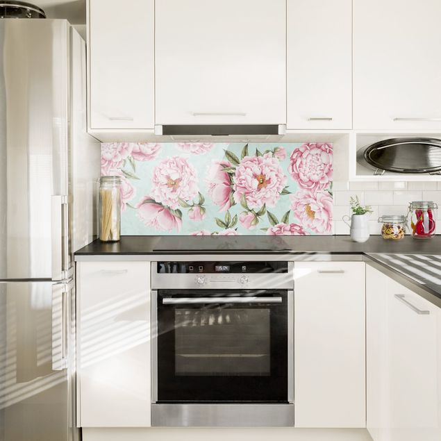 Glasrückwand Küche Blumen Rosa Blumen auf Mint als Aquarell