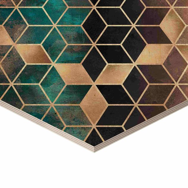 Hexagon Bild Holz 2-teilig - Elisabeth Fredriksson - Türkise Geometrie goldenes Art Deco Set