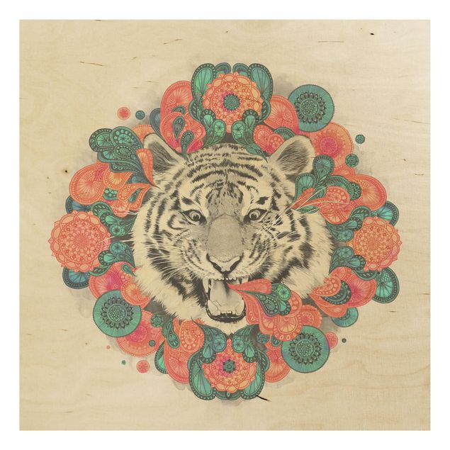 Holzbild - Illustration Tiger Zeichnung Mandala Paisley - Quadrat 1:1