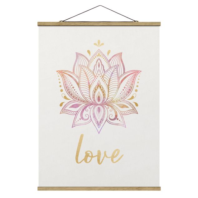 Stoffbild mit Posterleisten - Mandala Namaste Lotus Set gold rosa - Hochformat 3:4