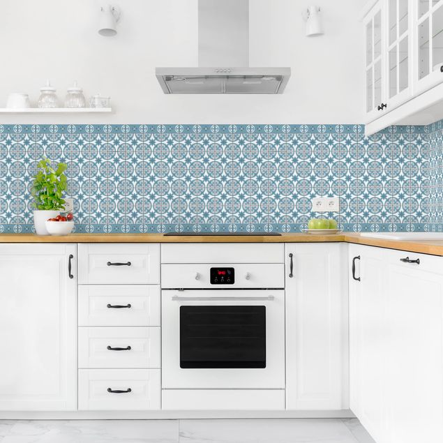 Wandpaneele Küche Geometrischer Fliesenmix Kreise Blaugrau