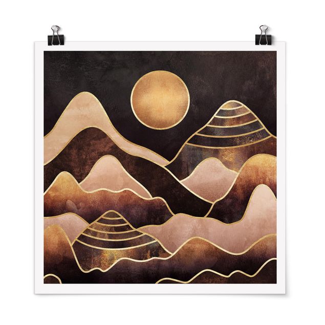 Poster - Goldene Sonne abstrakte Berge - Quadrat 1:1