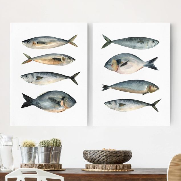 moderne Leinwandbilder Acht Fische in Aquarell Set I