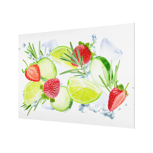 Glas Spritzschutz - Erdbeeren Limetten Eiswürfel Splash - Querformat - 4:3