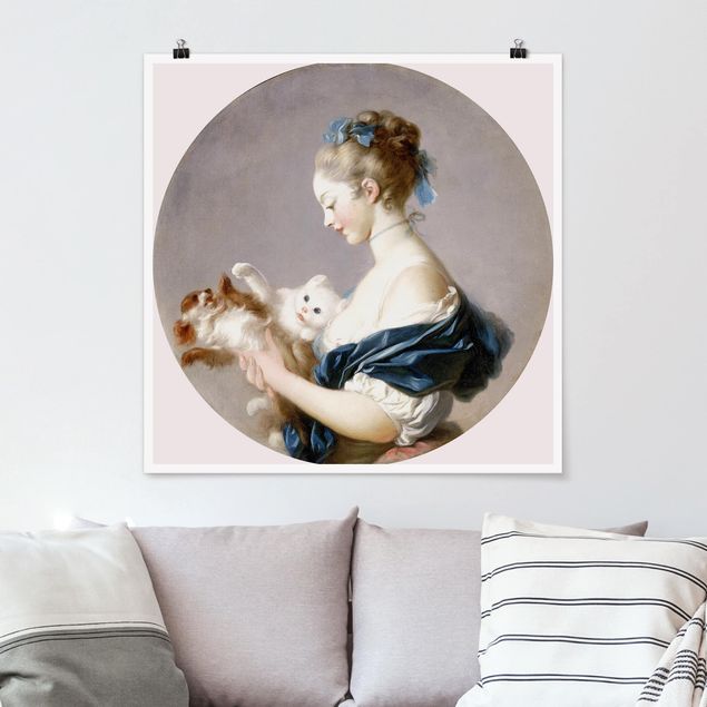 Poster - Jean Honoré Fragonard - Mädchen mit Hund - Quadrat 1:1