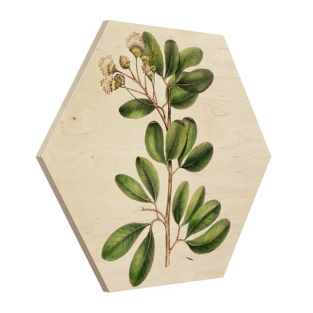 Hexagon Bild Holz - Laubwerk mit Blüten III