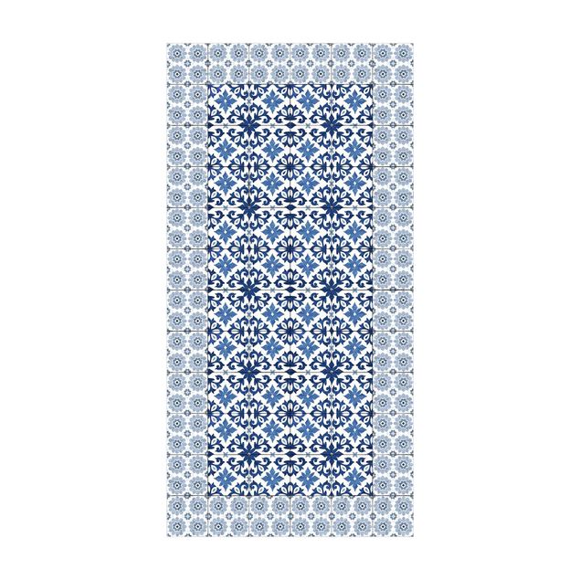 Vinyl Teppich Fliesenoptik Marokkanische Fliesen Florale Blaupause mit Fliesenrahmen