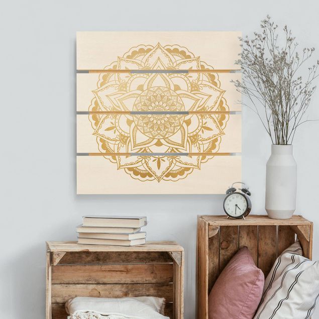 Holzbilder Muster Mandala Blume gold weiß