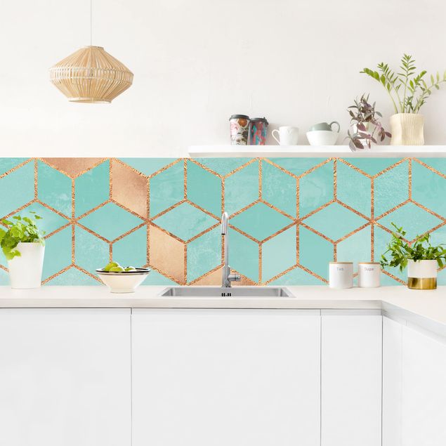 Küche Wandpaneel Türkis Weiß goldene Geometrie