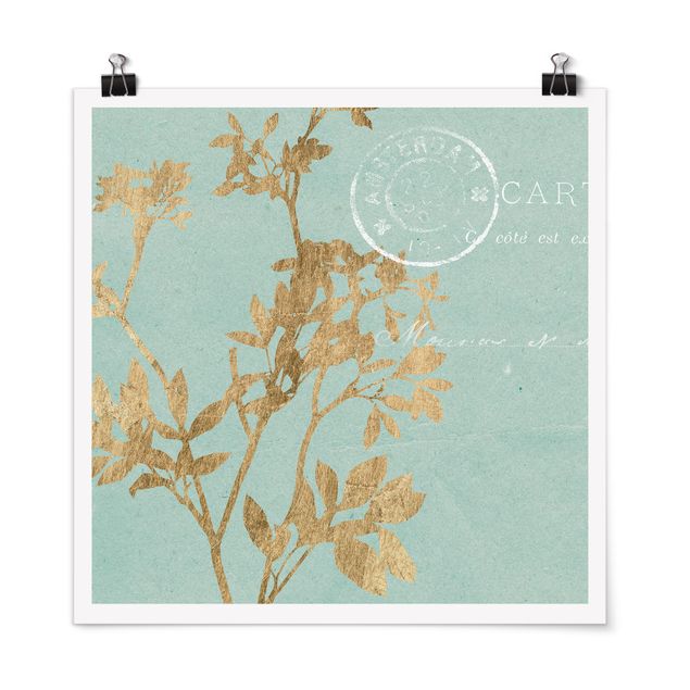 Poster - Goldene Blätter auf Turquoise I - Quadrat 1:1