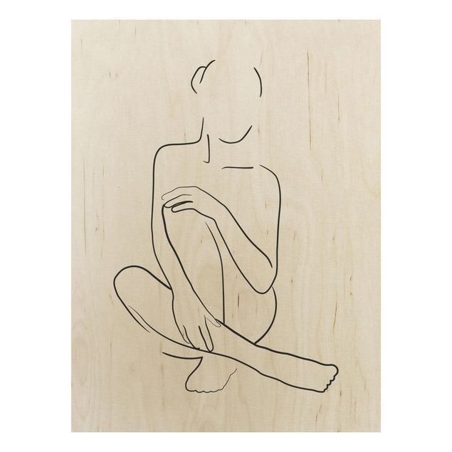 Wandbild Holz Line Art Frau sitzt Schwarz Weiß