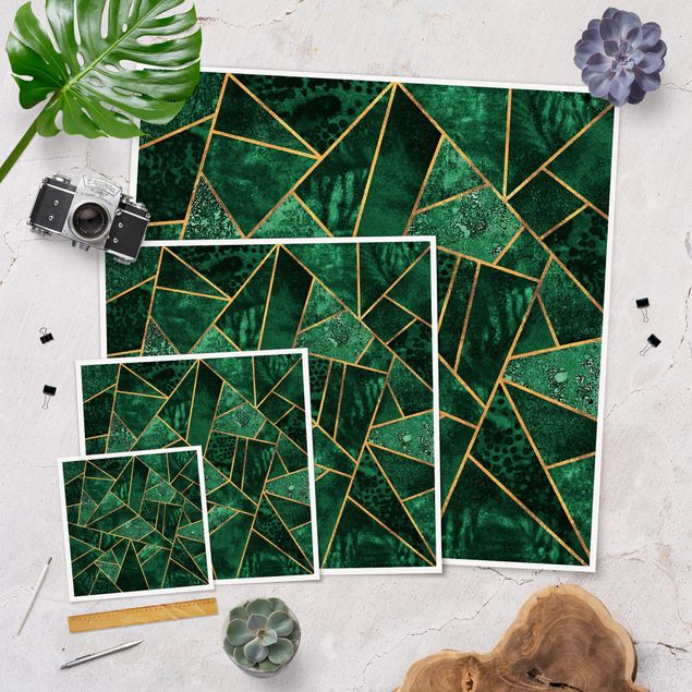 Poster - Dunkler Smaragd mit Gold - Quadrat 1:1