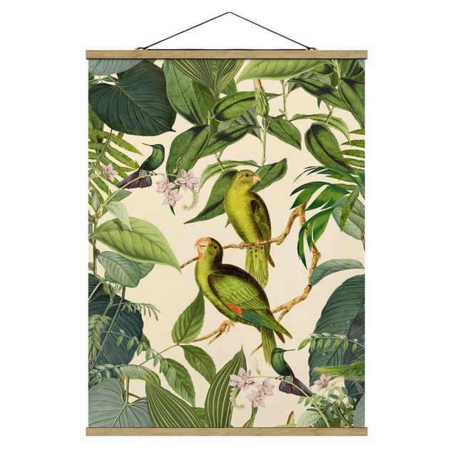 Stoffbild mit Posterleisten - Vintage Collage - Papageien im Dschungel - Hochformat 3:4