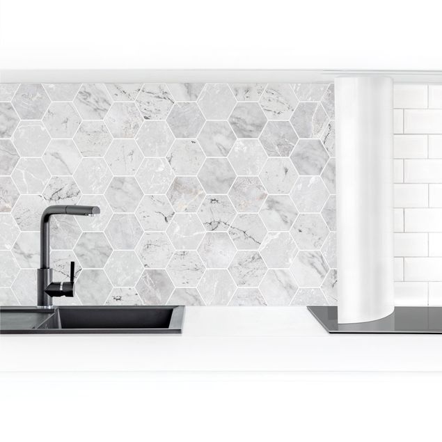 Küchenrückwand selbstklebend Marmor Hexagon Fliesen - Hellgrau