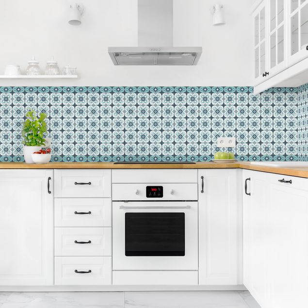 Wandpaneele Küche Geometrischer Fliesenmix Blume Türkis