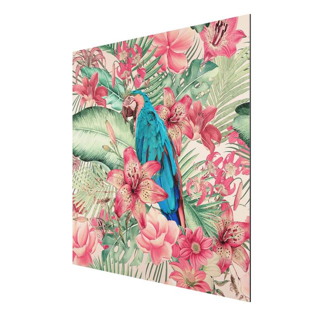 Alu-Dibond - Blumenparadies tropischer Papagei - Quadrat