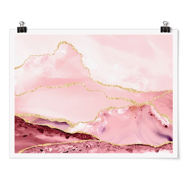 Poster - Abstrakte Berge Rosa mit Goldene Linien - Querformat 3:4