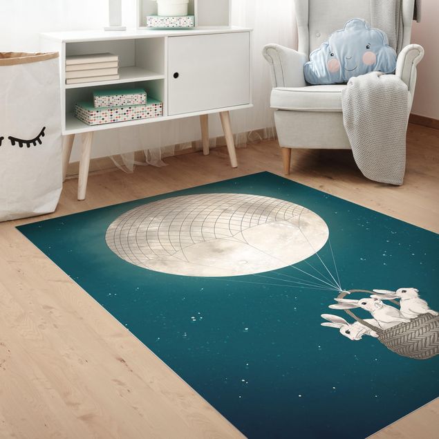 Aussenteppich Illustration Hasen Mond-Heißluftballon Sternenhimmel