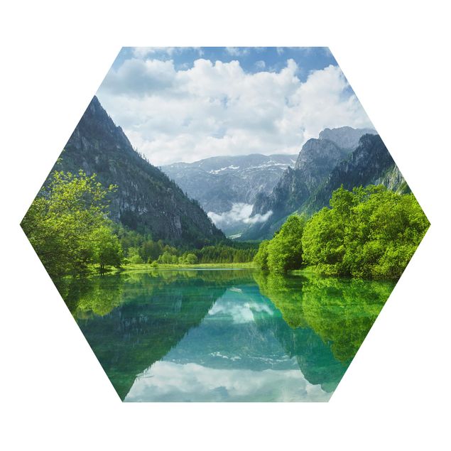 Hexagon Bild Alu-Dibond - Bergsee mit Spiegelung
