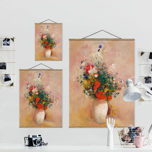 Stoffbild mit Posterleisten - Odilon Redon - Vase mit Blumen (rosenfarbener Hintergrund) - Hochformat 3:4