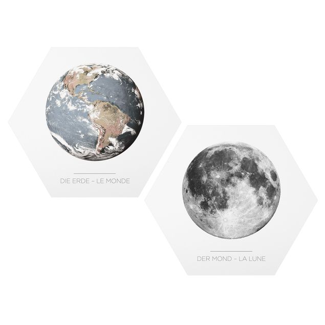 Hexagon Bild Alu-Dibond 2-teilig - Mond und Erde
