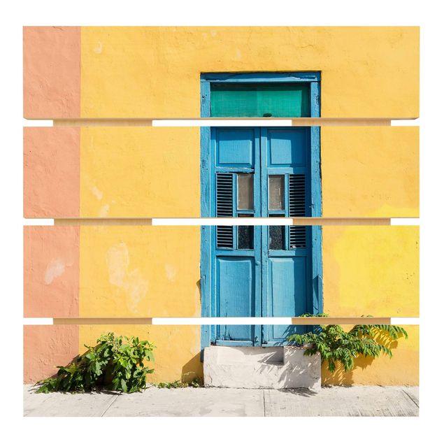 Holzbild - Bunte Wand blaue Tür - Quadrat 1:1