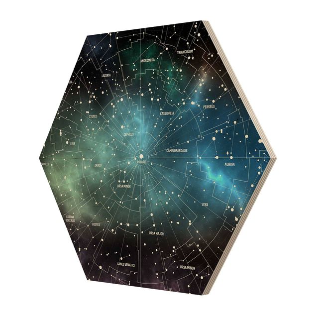 Hexagon Bild Holz - Sternbilder Karte Galaxienebel