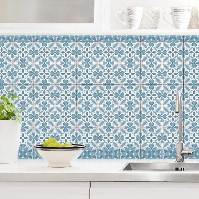 Platte Küchenrückwand Geometrischer Fliesenmix Blüte Blaugrau