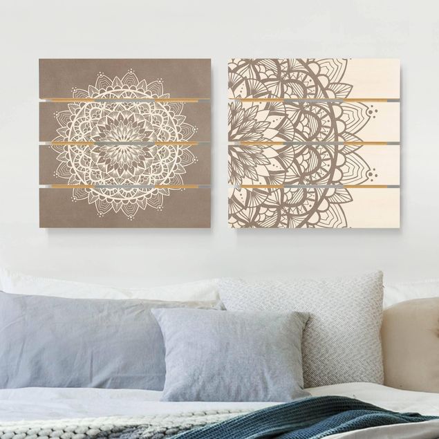Holzbilder Muster Mandala Illustration shabby Set beige weiß