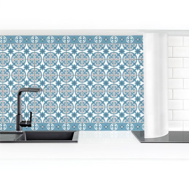Küchenrückwand selbstklebend Geometrischer Fliesenmix Kreise Blaugrau