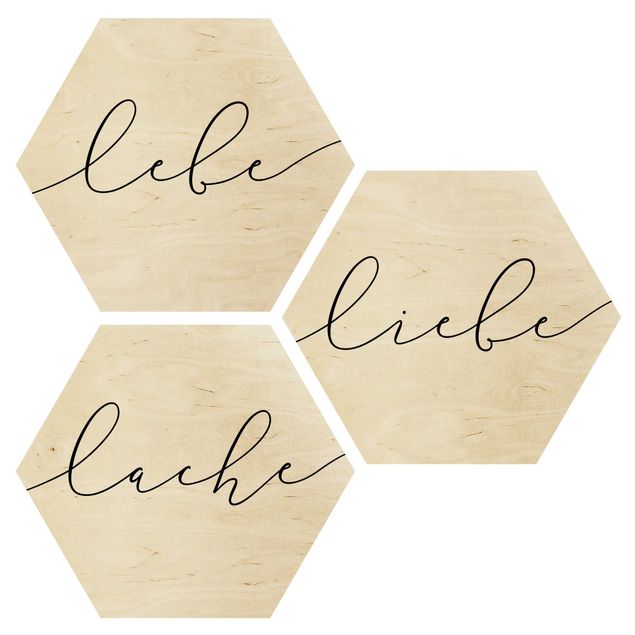 Hexagon Bild Holz 3-teilig - Lebe Liebe Lache Kalligraphie