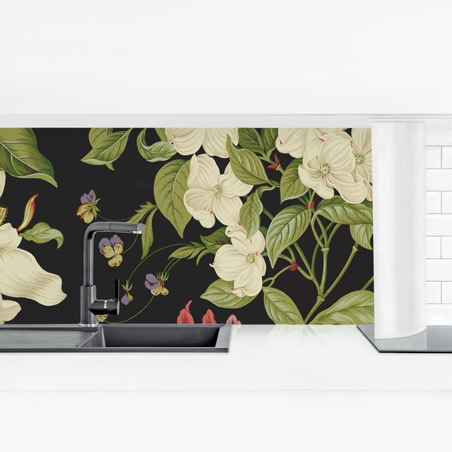 Küchenrückwand - Gartenblumen auf Schwarz I