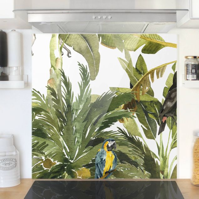 Glasrückwand Küche Blumen Aquarell Bananenpalme und Leopard Muster