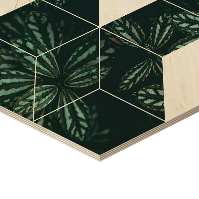 Hexagon Bild Holz 4-teilig - Grüne Blätter Geometrie Set I