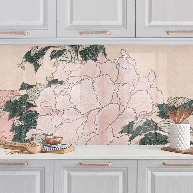 Platte Küchenrückwand Katsushika Hokusai - Rosa Pfingstrosen mit Schmetterling