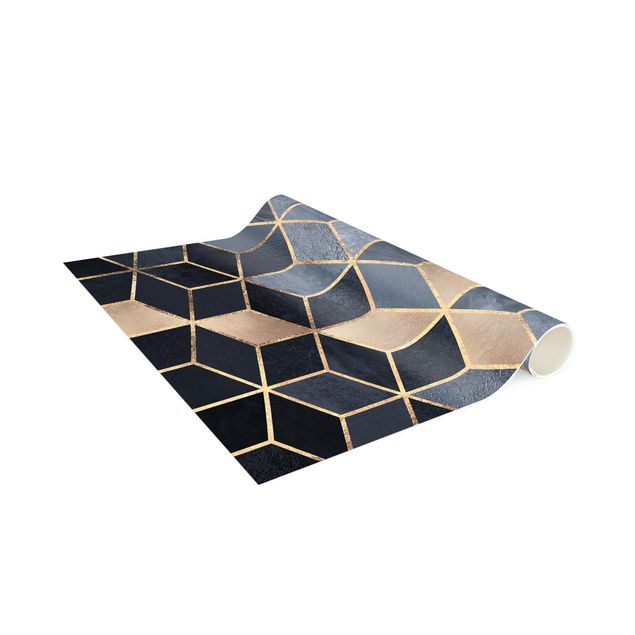 Moderner Teppich Blau Weiß goldene Geometrie