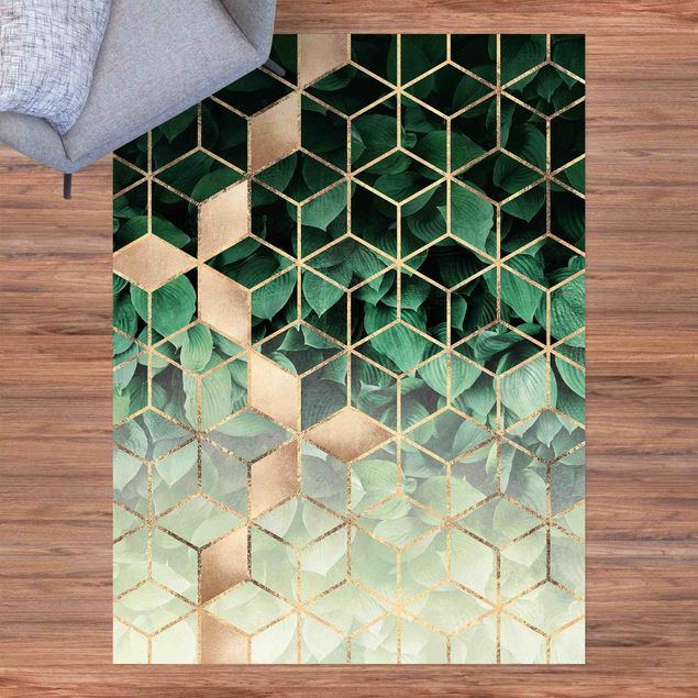 Teppich für Balkon Grüne Blätter goldene Geometrie