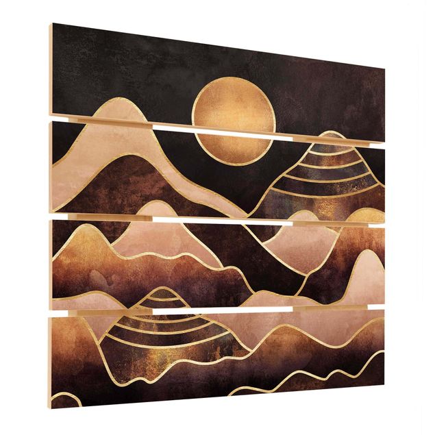 Holzbild - Elisabeth Fredriksson - Goldene Sonne abstrakte Berge - Quadrat 1:1