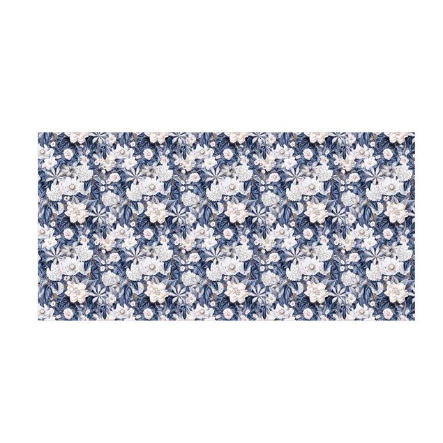 Teppich Blumenmuster Weiße Blumen vor Blau