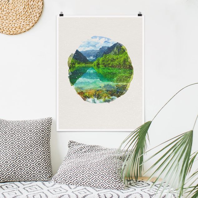 Poster Berge Wasserfarben - Bergsee mit Spiegelung
