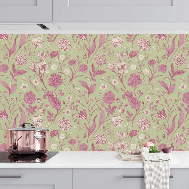 Platte Küchenrückwand Blumentanz in Mint-Grün und Rosa Pastell II